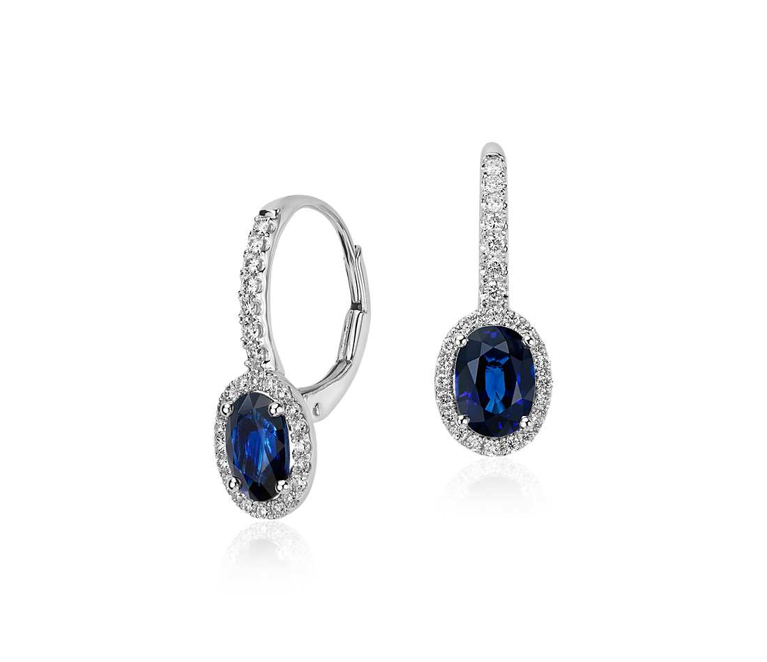 Oval Sapphire and Diamond Halo Leverback Earrings in 18k White Gold