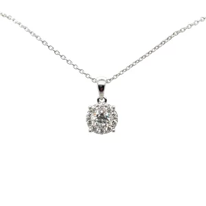 round diamond pendant with cluster halo necklace from donna jewelry chicago