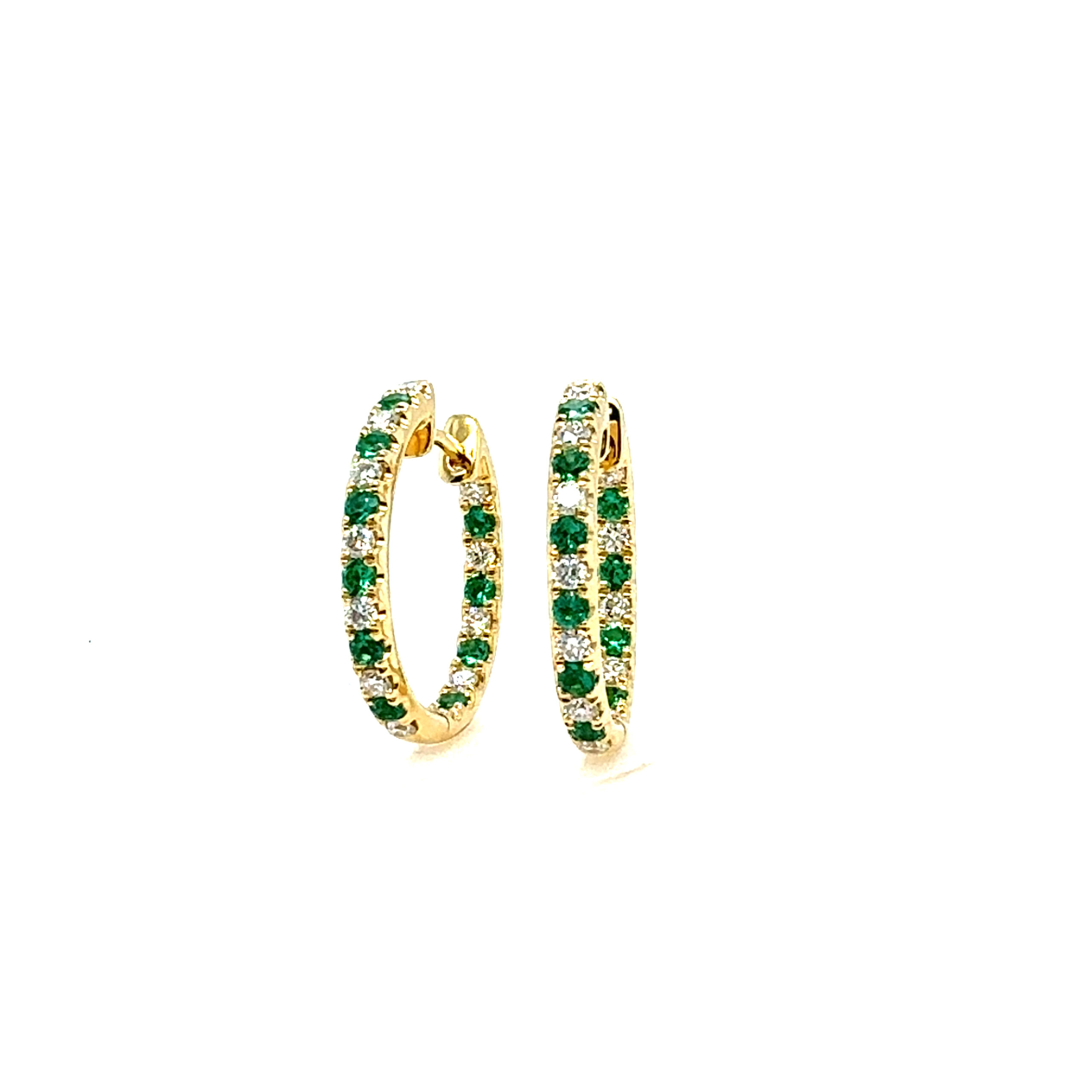 18k Yellow Gold Emerald and Diamond Hoop Earrings