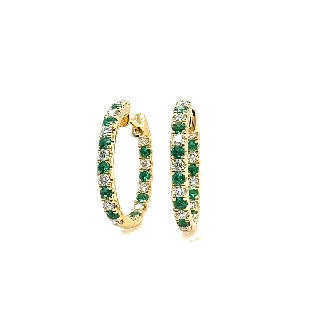 18k Yellow Gold Emerald and Diamond Hoop Earrings